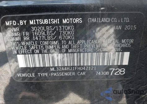 2015 Mitsubishi Mirage Es/Rf from USA, damaged, VIN ML32A4HJ1FH042121